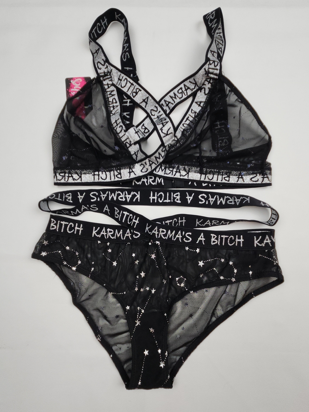 New Fantasy Lingerie Bralette & Panty Set M/L Sheer Black Silver Celestial Mesh